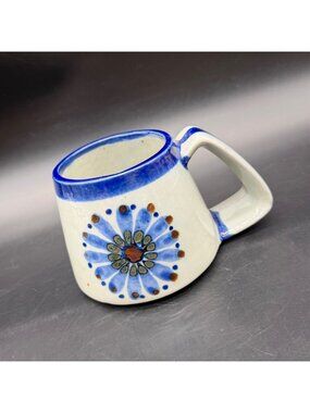 Ken Edwards Pottery Mug Blue Floral Oversized Guadalajara Handcrafted Mexico
